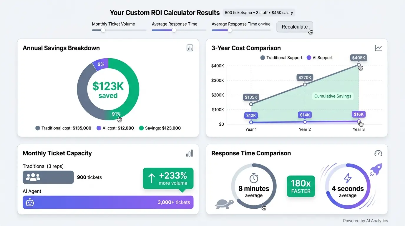 Interactive ROI calculator showing annual savings, cost comparison, ticket volume, and response time improvements